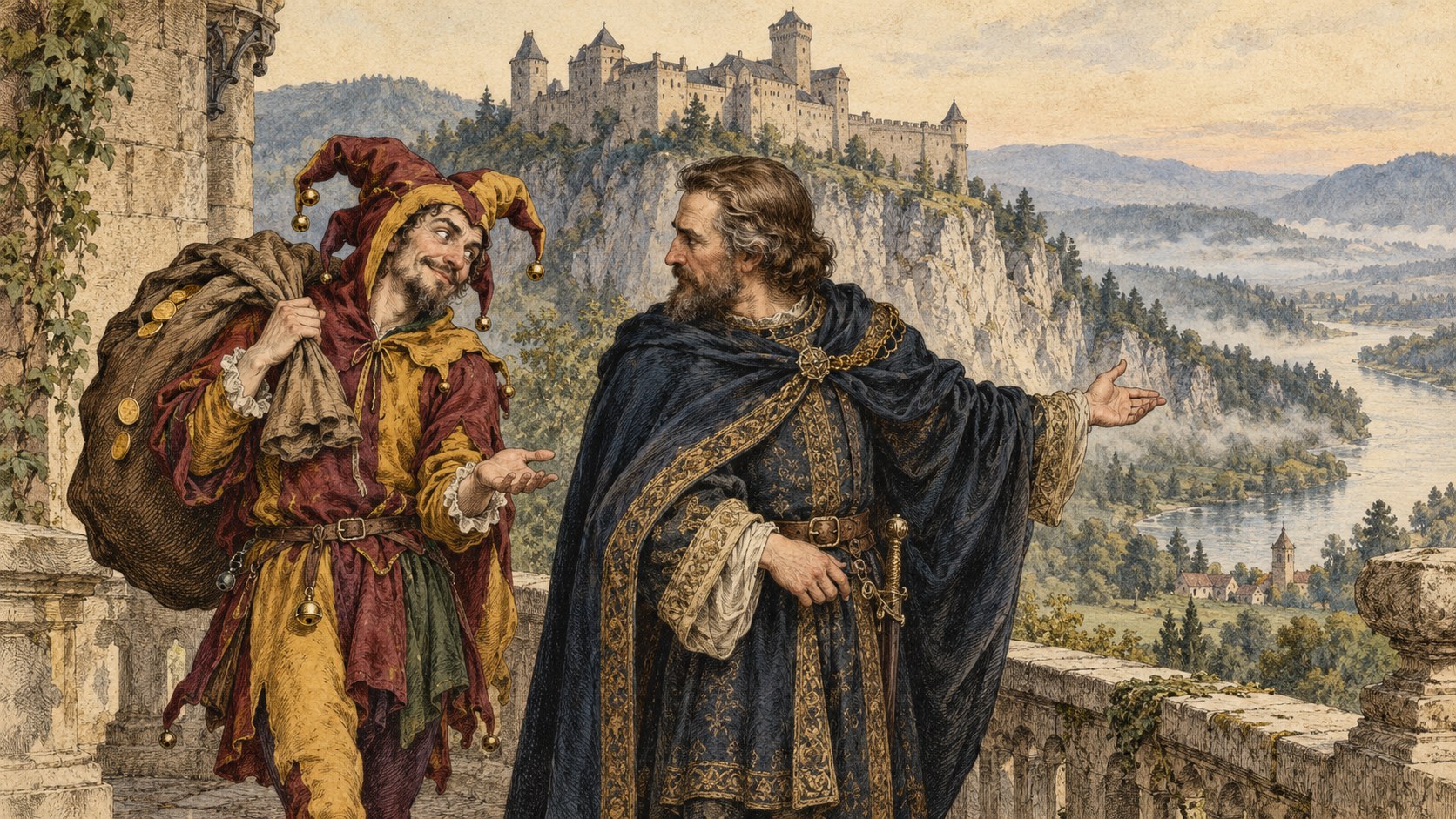 Ilustrace k příběhu Beckov: šašek, který vyměnil hrad za zlato a nesmrtelné jméno