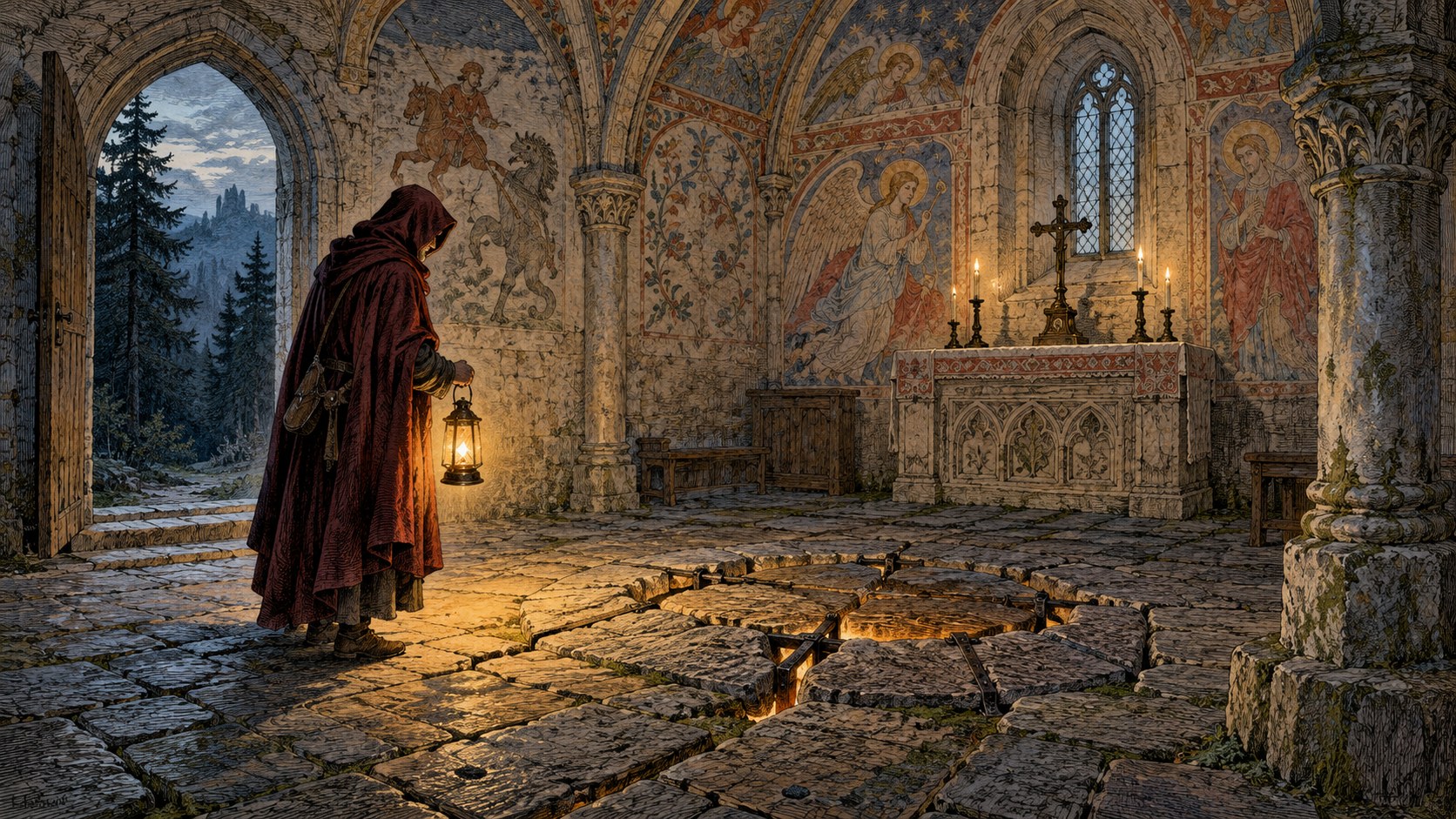 Ilustrace k příběhu Houska: kaple, která měla zavřít dveře do pekla