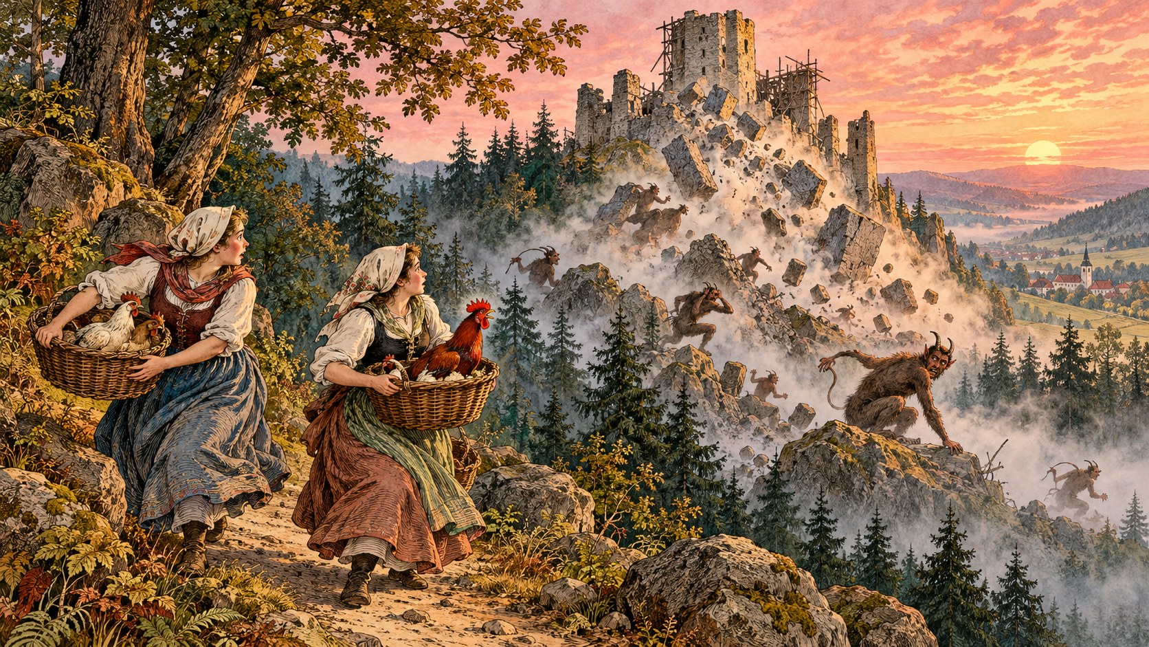 Ilustrace k příběhu Větrný Jeníkov: čertí hrad na Pekle překazil jediný kohout